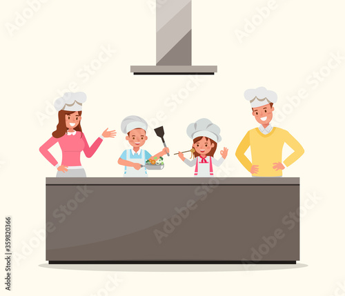 Happy family cooking together character vector design.