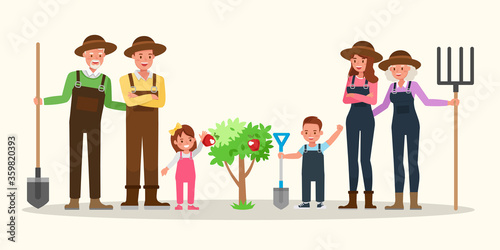Happy family gardening together character vector design.