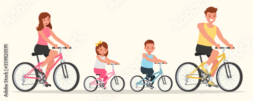 Happy family people Father, mother, daughter and son are riding bicycle character vector design.