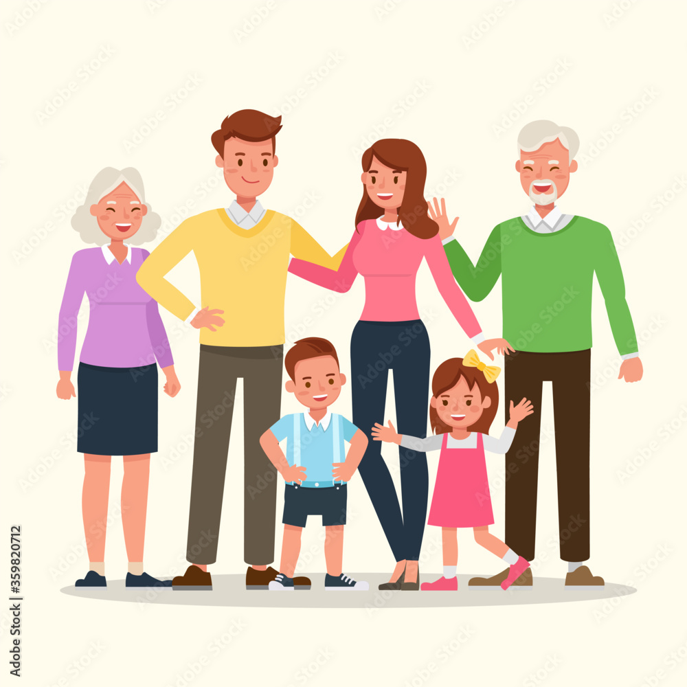Happy family people mother, father, grandparents and children together character vector design.