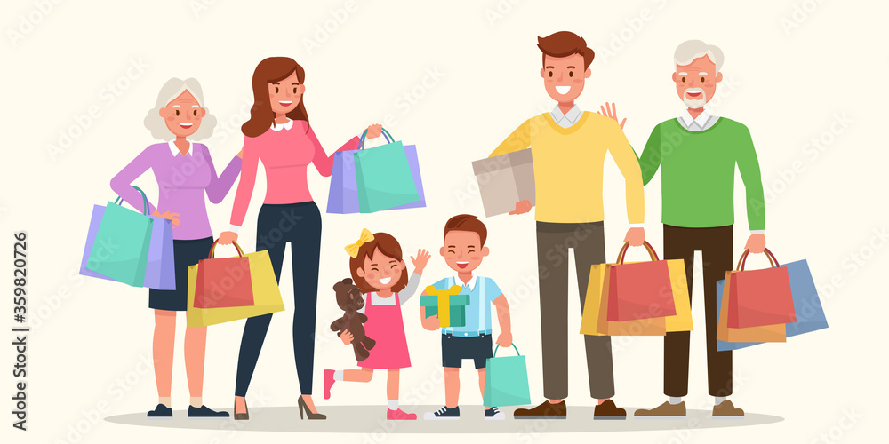 Happy family shopping together character vector design.