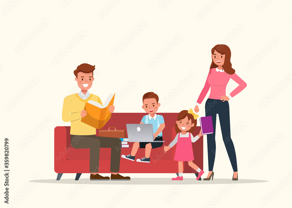 Happy family, father and mother reading a book with children character vector design.
