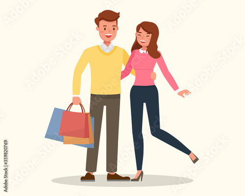 Happy family, couple shopping together character vector design.