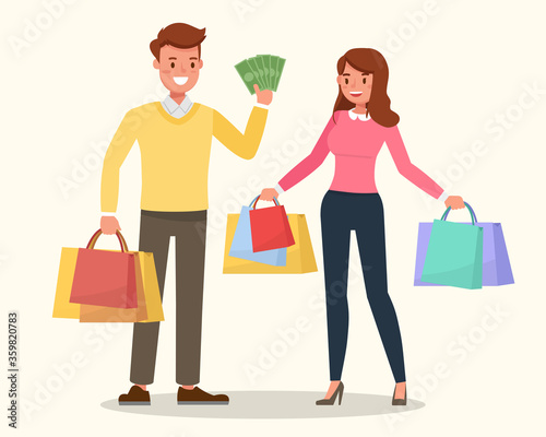 Happy family, couple shopping together character vector design. © yindee