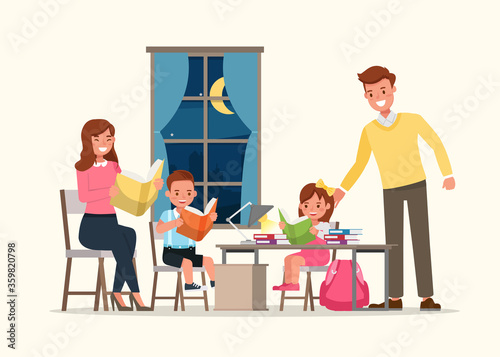 Happy family, father and mother reading a book with children character vector design.