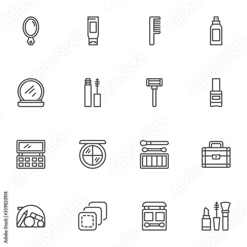 Makeup line icons set, outline vector symbol collection, cosmetic and beauty linear style pictogram pack. Signs, logo illustration. Set includes icons as makeup mirror, cosmetic bag, mascara brush