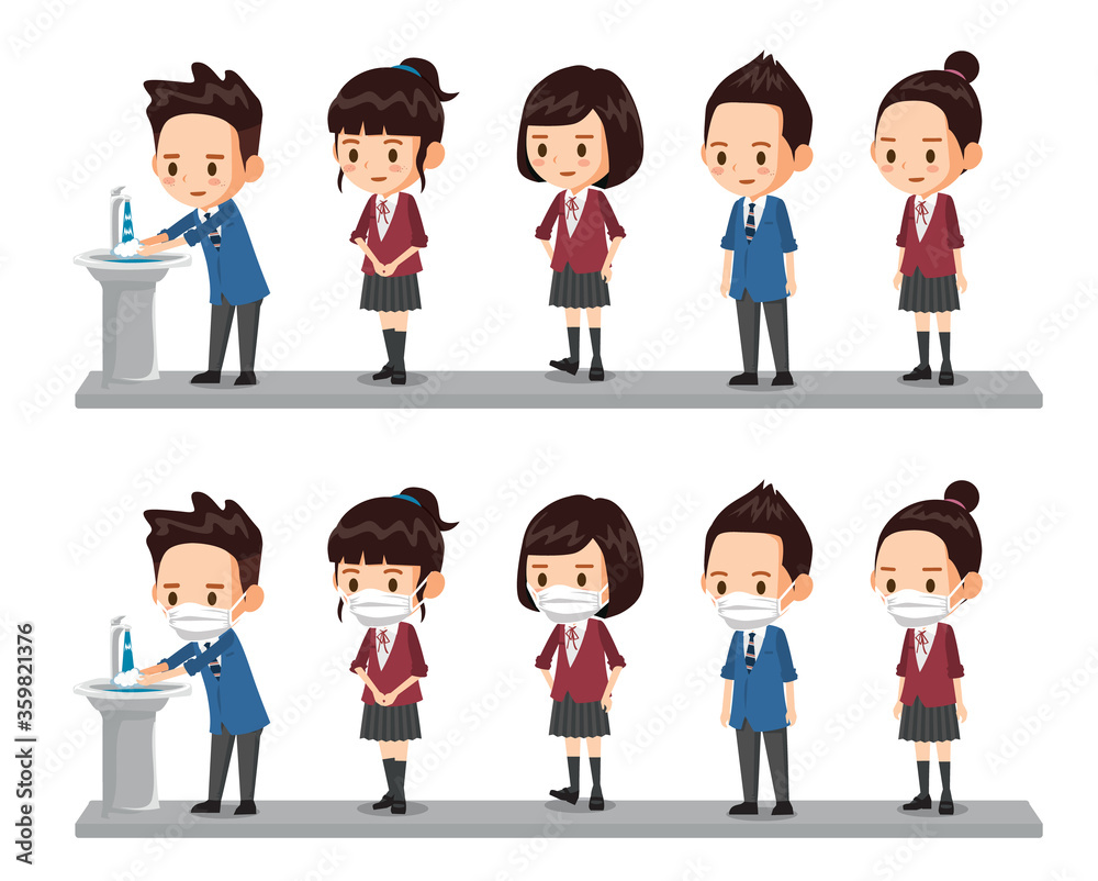 Students lining up in front of the sink to wash their hands wearing protective masks.
Health care Concept Vector Illustration.