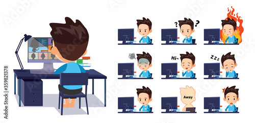A student who is having an online class at home. express various emotions