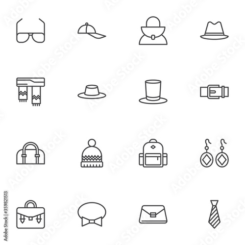 Clothing accessories line icons set, outline vector symbol collection, linear style pictogram pack. Signs, logo illustration. Set includes icons as headgear, hat, cap, sunglasses, scarf, bag, belt