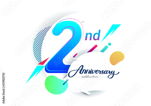 2nd years anniversary logo, vector design birthday celebration with colorful geometric background, isolated on white background.