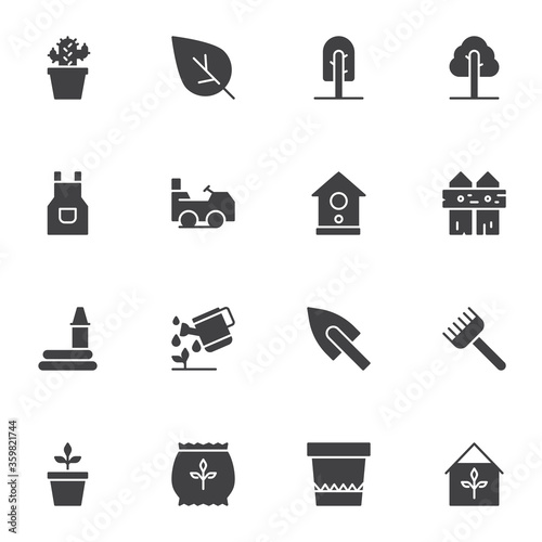 Gardening vector icons set, modern solid symbol collection, filled style pictogram pack. Signs, logo illustration. Set includes icons as houseplant, tree, apron, shovel, rake, watering hose, seed bag