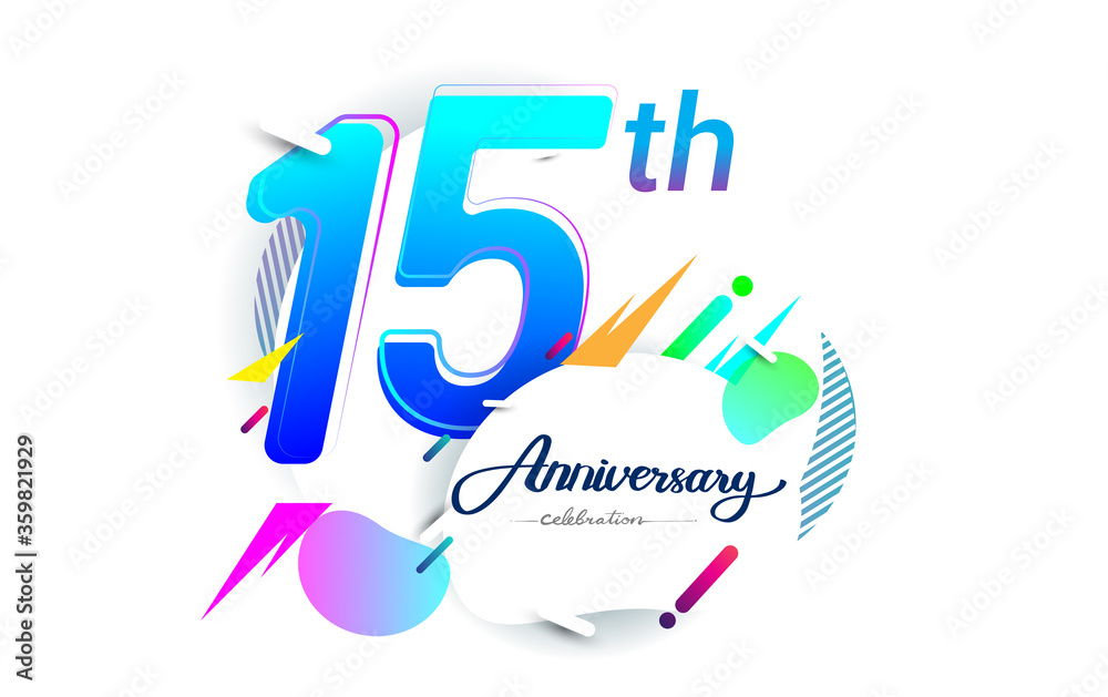 15th years anniversary logo, vector design birthday celebration with colorful geometric background, isolated on white background.