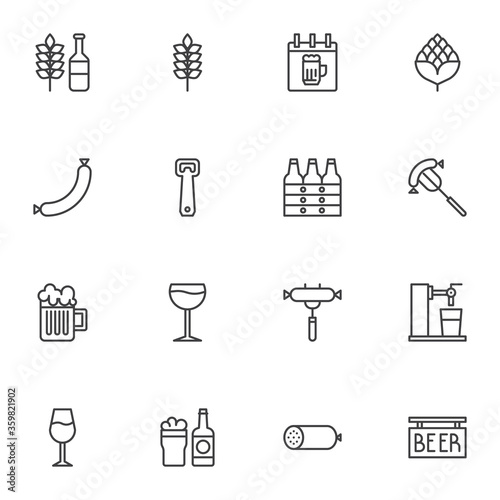 Oktoberfest line icons set, outline vector symbol collection, beer festival linear style pictogram pack. Signs, logo illustration. Set includes icons as hop cone, beer mug, bottle opener, sausage