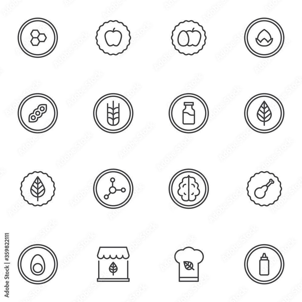 Natural organic food line icons set, outline vector symbol collection, linear style pictogram pack. Signs, logo illustration. Set includes icons as organic shop, fruit, vegetable, nut, honey, egg Natural organic food line icons set, outline vector symbol collection, linear style pictogram pack. Signs, logo illustration. Set includes icons as organic shop, fruit, vegetable, nut, honey, egg