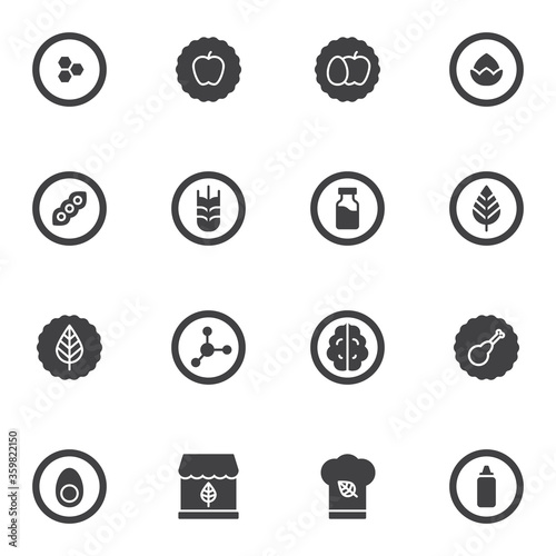 Natural organic food vector icons set, modern solid symbol collection, filled style pictogram pack. Signs, logo illustration. Set includes icons as organic shop, fruit, vegetable, nut, honey, egg