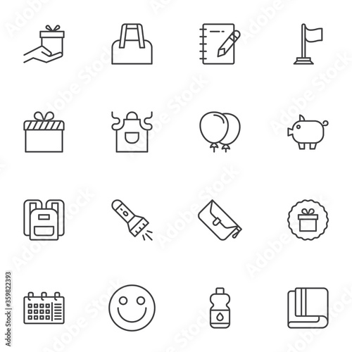 Promotional line icons set, outline vector symbol collection, linear style pictogram pack. Signs, logo illustration. Set includes icons as gift box bonus, shopping bag, water bottle, school bag, apron