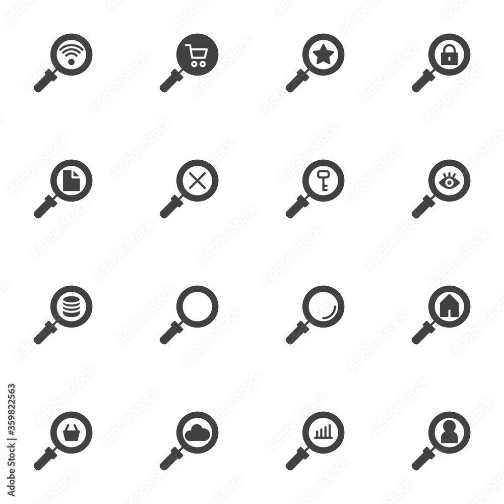 Search vector icons set, magnifying glass modern solid symbol collection, filled style pictogram pack. Signs logo illustration. Set includes icons - keyword, file, magnifier, loupe, research, contact Search vector icons set, magnifying glass modern solid symbol collection, filled style pictogram pack. Signs logo illustration. Set includes icons - keyword, file, magnifier, loupe, research, contact