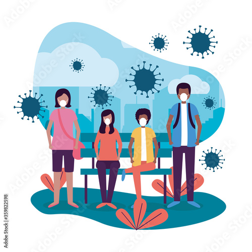 Women and men with masks on bench vector design