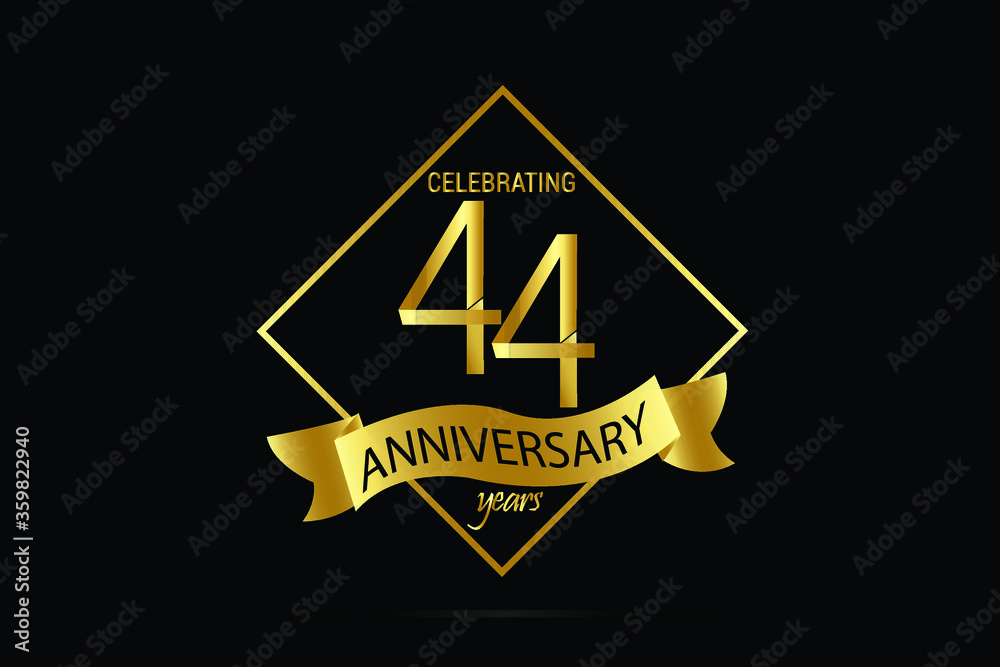 44 year anniversary Luxury Black Gold jubilee, Ribbon greeting card. Birthday invitation. Gold space vector illustration on black background - Vector