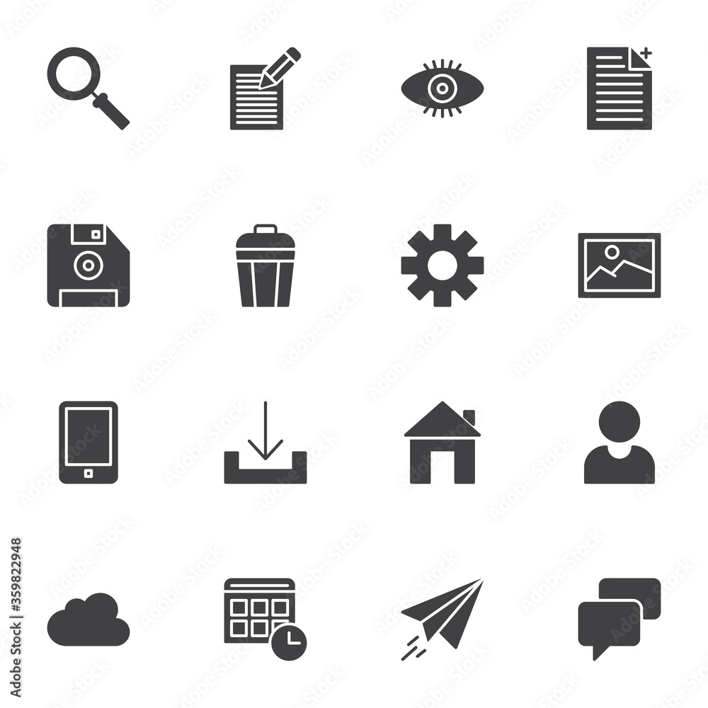 SEO web development vector icons set, modern solid symbol collection, filled style pictogram pack. Signs, logo illustration. Set includes icons as search, document edit, cloud data storage, calendar SEO web development vector icons set, modern solid symbol collection, filled style pictogram pack. Signs, logo illustration. Set includes icons as search, document edit, cloud data storage, calendar