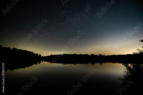Stars and milky way reflected on the lake at night