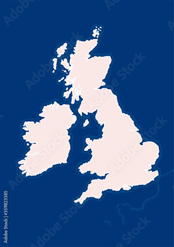 Map of British Isles. Great Britain, Ireland. Template for making maps of UK or Ireland. Beautifully can be zoomed in, showing waves of the coast outline. Vector illustration based on geographical map