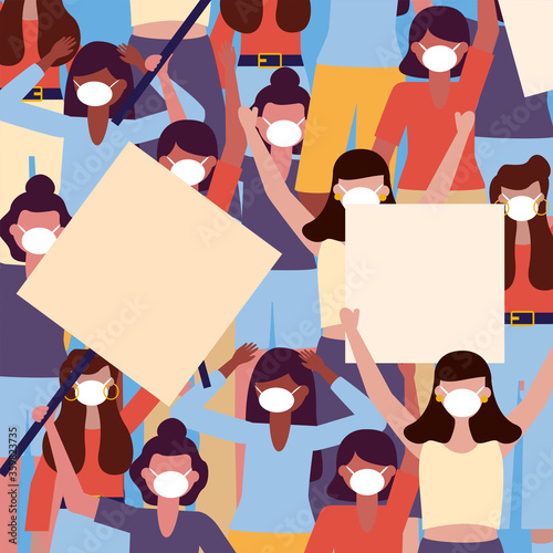women with medical masks and banners boards background vector design