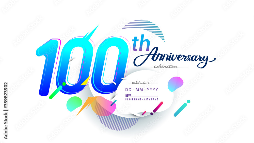 100th years anniversary logo, vector design birthday celebration with colorful geometric background, isolated on white background. 100th years anniversary logo, vector design birthday celebration with colorful geometric background, isolated on white background.