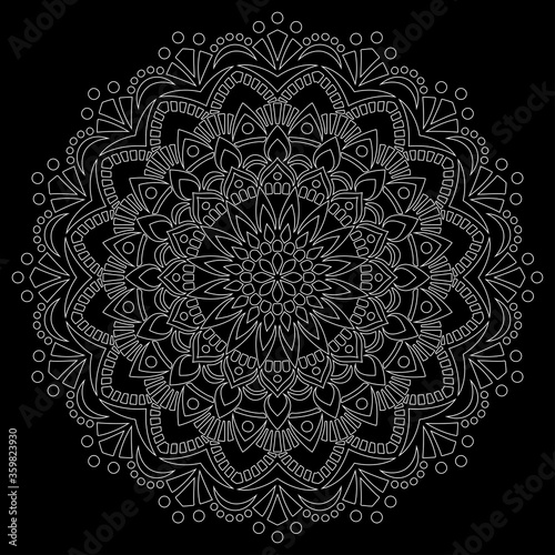 White outline mandala on a black doodles sketch