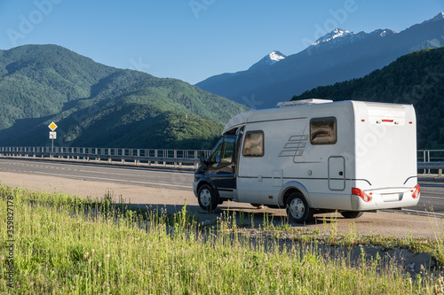 Family vacation travel RV, holiday trip in motorhome, Caravan car Vacation. vacation in the mountains