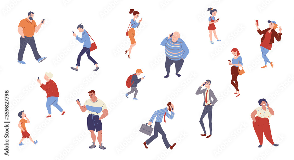 People with smartphones background. Diverse group of people with mobile phones. Women and men talking, texting, searching internet. Vector characters isolated on white.