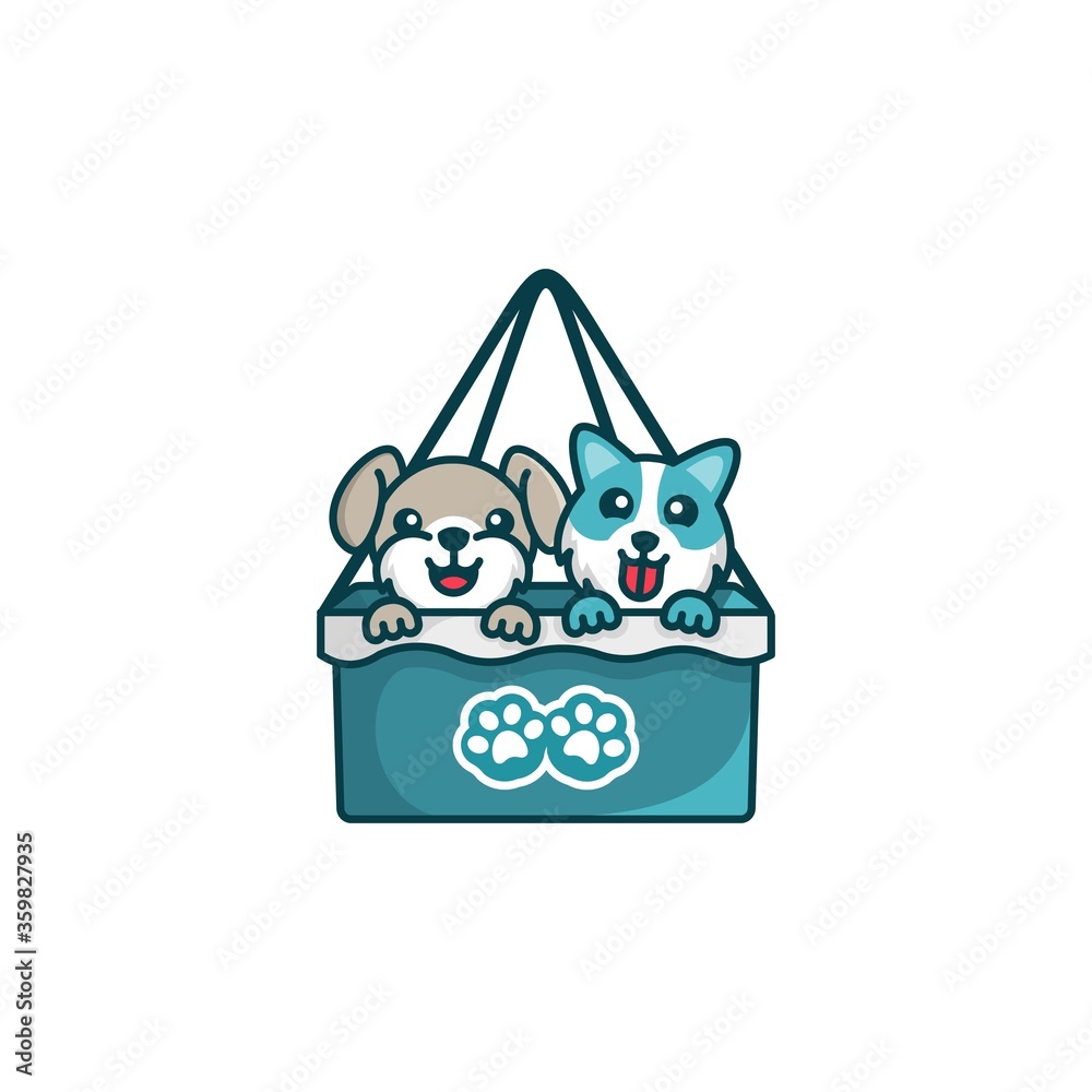 Cute dog in the box logo design. Vector illustration with a cartoon style.