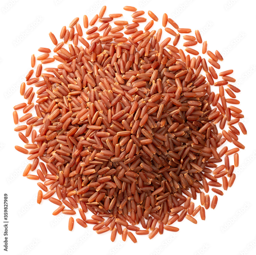 heap of raw red long-grained rice isolated on white background, top view