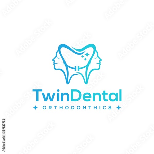 Twin dental logo. Tooth combine with woman face logo design.