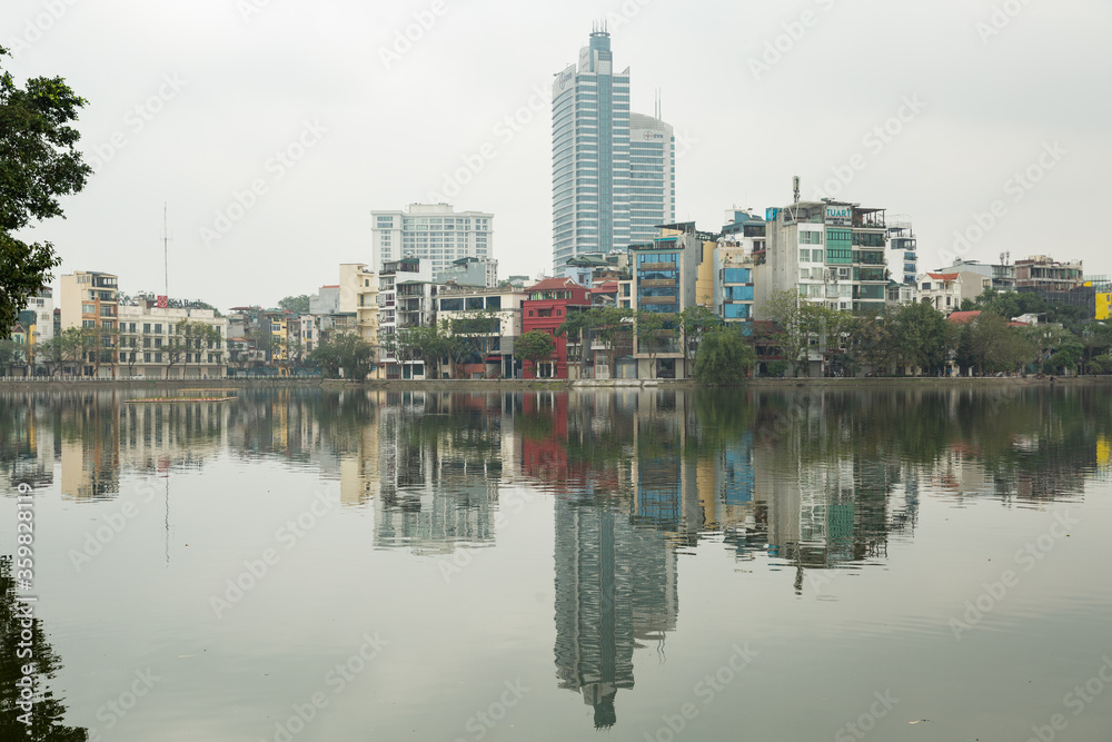 Urban cityscape in front of West lake of Hanoi which is capital of Vietnam
