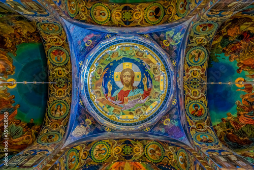 Ornate interior and icons of the Savior on Spilled Blood or Cathedral of Resurrection of Christ in Saint Petersburg, Russia