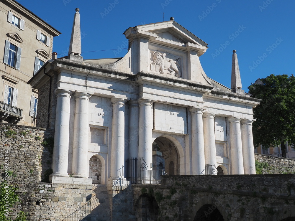 Fototapeta premium Bergamo, Italy. The old town. Amazing landscape at the ancient gate Porta San Giacomo. Bergamo one of the most beautiful cities in Italy