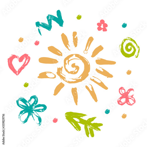 Set of children's finger drawings: sun, flowers, heart, lightning, arrow, spiral, dots. Handmade. Template for card, banner, social networks, t-shirt Vector illustration Isolated white background