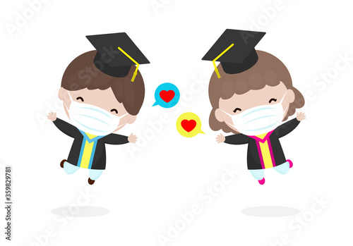 Back to school for new normal lifestyle concept, Graduation kids  wearing face mask for prevent coronavirus 2019 nCoV or covid-19, happy child graduates jumping, Graduates in gowns with diploma vector