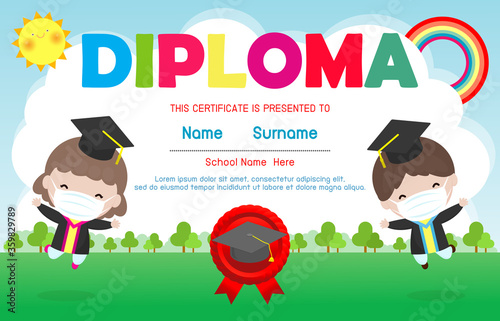 Certificates kindergarten and elementary, Preschool Kids Diploma certificate background design template, cute kids wearing face mask for prevent coronavirus 2019 nCoV or covid-19, vector illustration