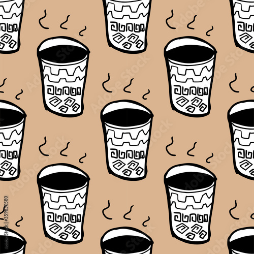 Seamless vector illustration of black tribal style Motif art coffee glass on brown background for making many kinds of printing or textile graphic related Aboriginal, Maya, Inca, African trendy style