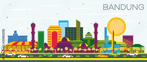 Quadro su tela Bandung Indonesia City Skyline with Color Buildings and Blue Sky.