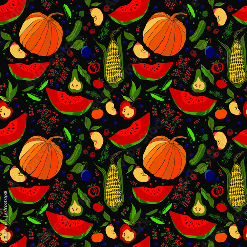 seamless vector pattern with fruits, vegetables and berries on a dark background