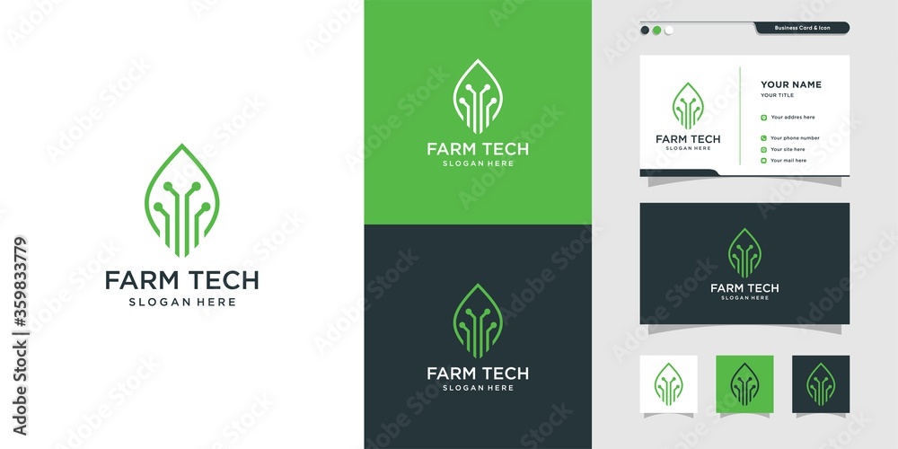 Farming technology logo and business card design, business card design, line art, plant, leaf, Premium Vector Farming technology logo and business card design, business card design, line art, plant, leaf, Premium Vector