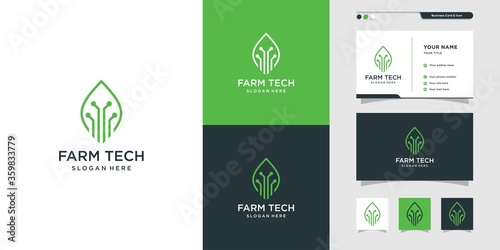 Farming technology logo and business card design, business card design, line art, plant, leaf, Premium Vector