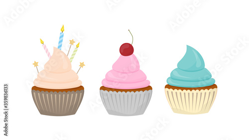 Set of holiday cupcakes. Sweets with cream, muffin, festive dessert, confectionery. Vector flat style.