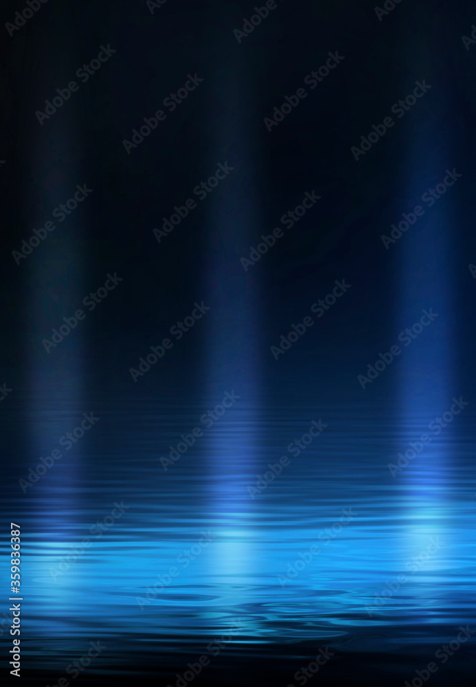 Fototapeta premium Background of empty stage show. Neon blue and purple light and laser show. Laser futuristic shapes on a dark background. Abstract dark background with neon glow
