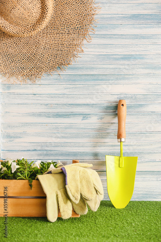Gardening tools and straw h...