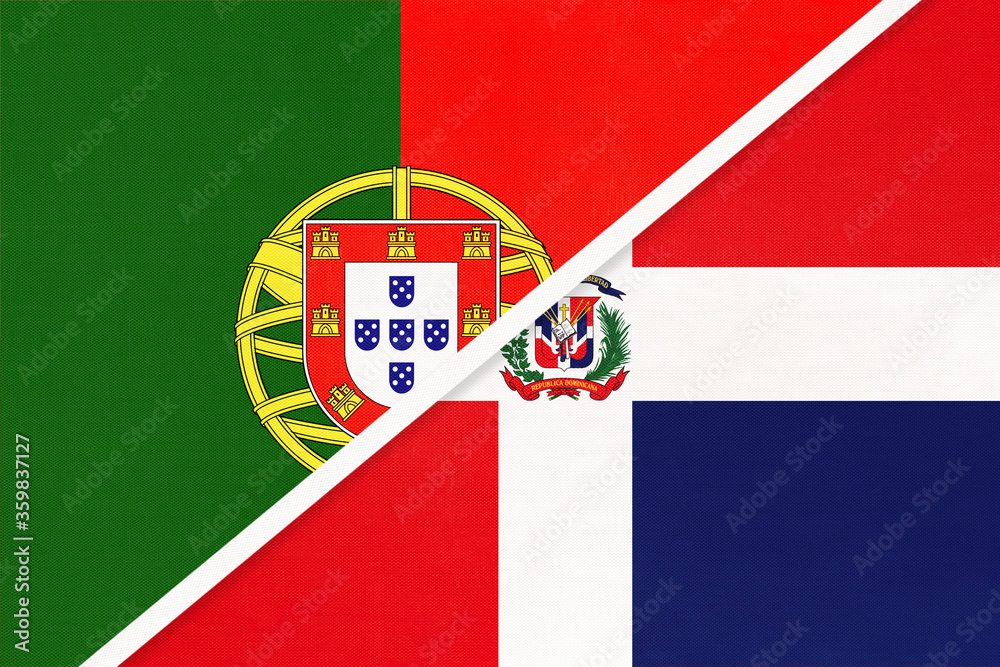 Portugal and Dominican Republic, symbol of national flags from textile. Championship between two countries.