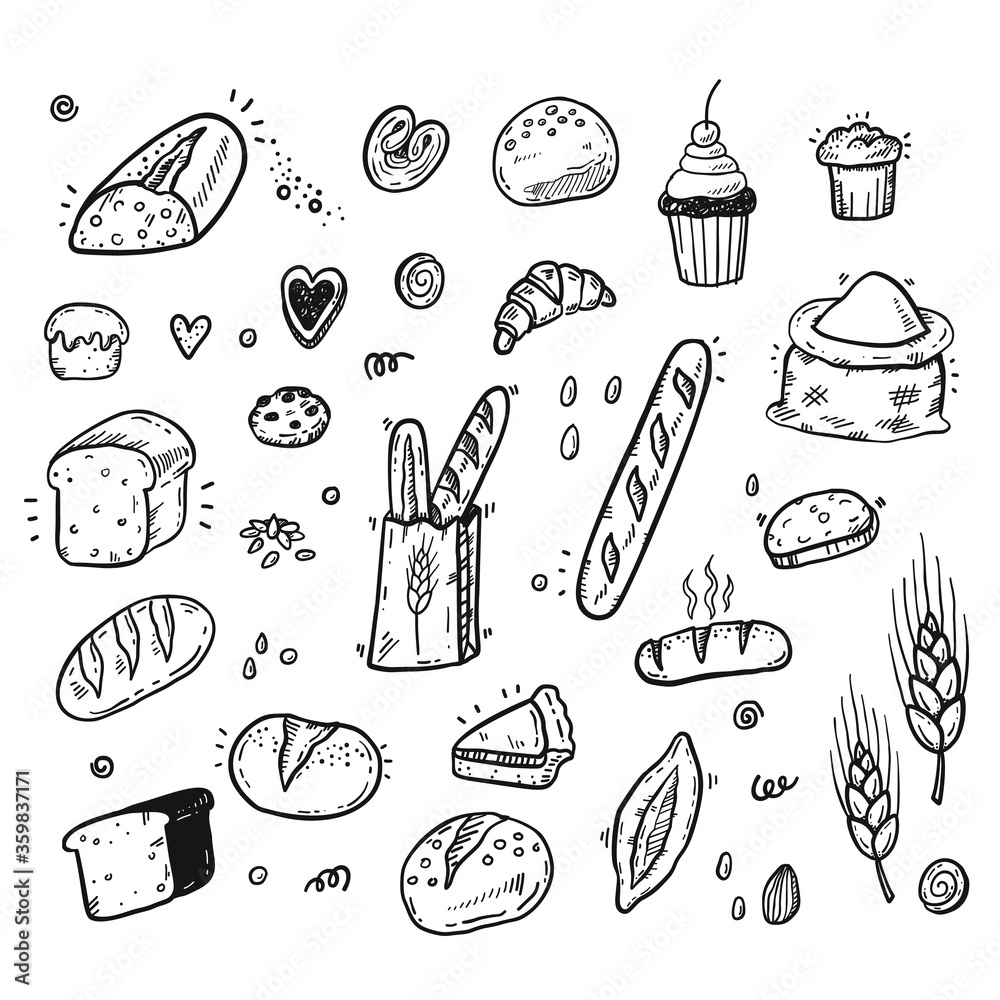 Bakery sketch set, hand drawn food illustration, doodle vector bread and pastry icons